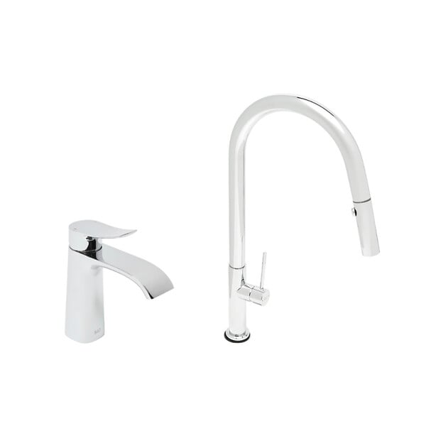SWISS AQUA TECHNOLOGIES - set mitigeur lavabo avec bec cascade + mitigeur cuisine, douchette extractible et bras pivotant, chrome (SATINFBSDBS271) - large