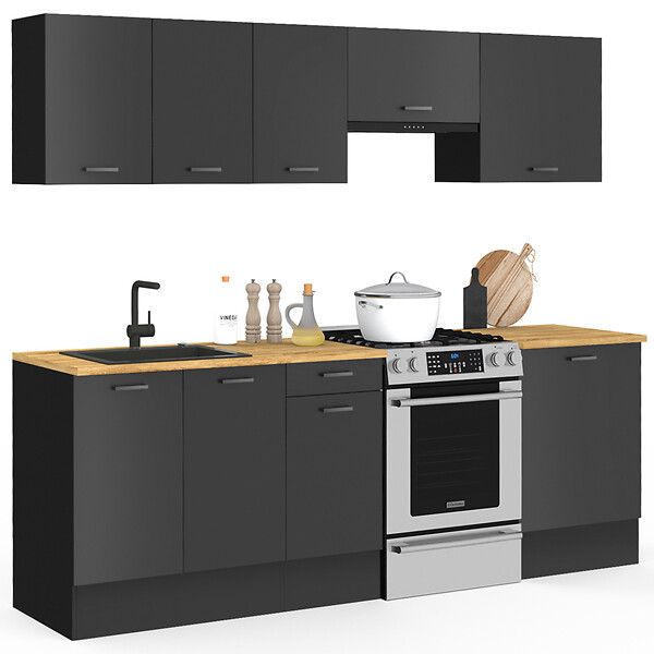 ID MARKET - Cuisine complète 240 cm SUBTIL avec plan de travail 7 éléments noir et plateaux bois - large
