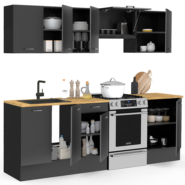 ID MARKET - Cuisine complète 240 cm SUBTIL avec plan de travail 7 éléments noir et plateaux bois - large