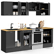 ID MARKET - Cuisine complète 240 cm SUBTIL avec plan de travail 7 éléments noir et plateaux bois - vignette