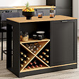 ID MARKET - Table de bar îlot VITO 113 cm avec range bouteilles bois noir et plateau façon hêtre - vignette