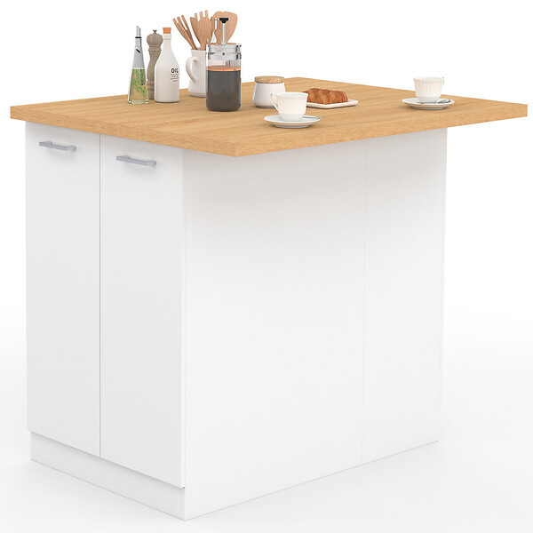 ID MARKET - Ilot central IVO 100 cm blanc avec plan de travail façon hêtre - large