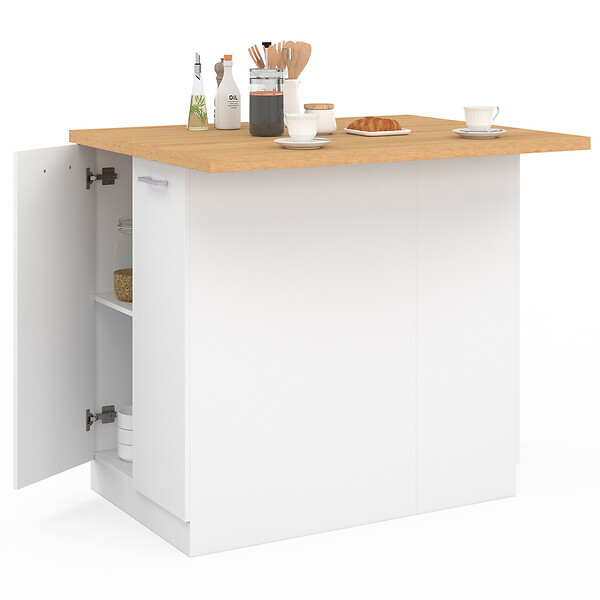ID MARKET - Ilot central IVO 100 cm blanc avec plan de travail façon hêtre - large