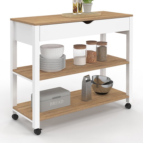 ID MARKET - Desserte de cuisine PENH XXL avec tiroir et plan de travail blanc plateaux façon hêtre L.100 CM - large