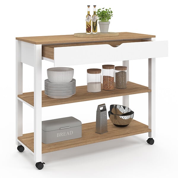 ID MARKET - Desserte de cuisine PENH XXL avec tiroir et plan de travail blanc plateaux façon hêtre L.100 CM - large