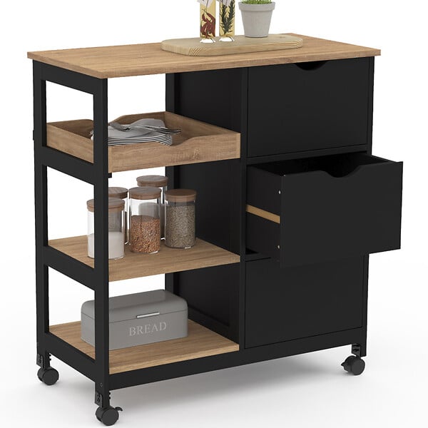 ID MARKET - Desserte de cuisine MUNA 3 paniers + 1 plateau amovible noir et effet hêtre L.76 cm - large