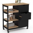 ID MARKET - Desserte de cuisine MUNA 3 paniers + 1 plateau amovible noir et effet hêtre L.76 cm - vignette