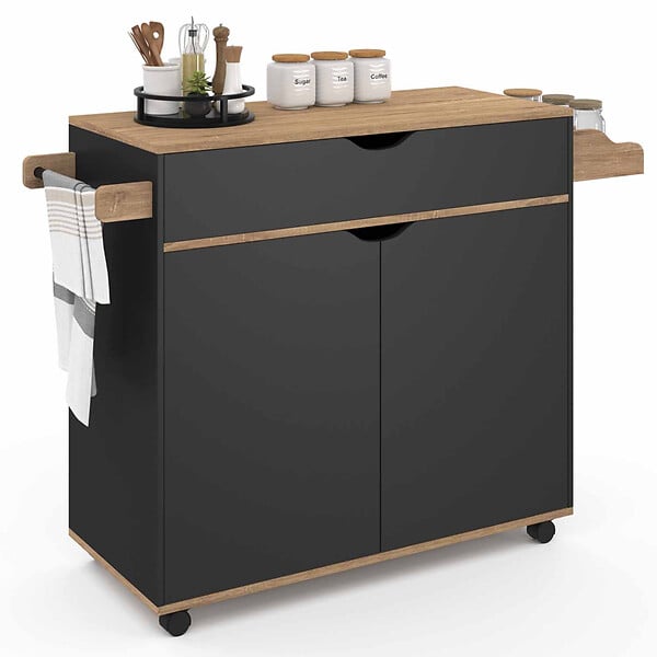 ID MARKET - Desserte de cuisine COSY XXL placard avec tiroir noir et plateaux façon hêtre L.90 CM - large