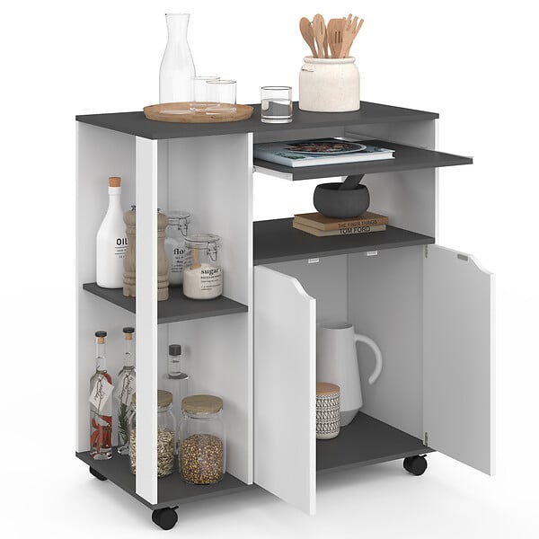 ID MARKET - Desserte de cuisine COSI bois blanc et plateau gris L.76 CM - large