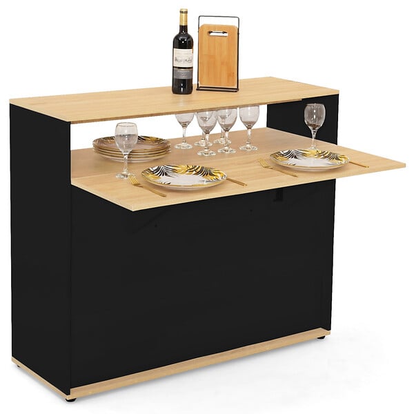 ID MARKET - Meuble de bar extensible en table à manger 2 personnes VITO noir et plateau bois - large