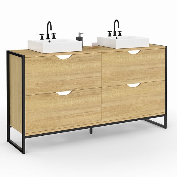 ID MARKET - Meuble double vasque salle de bain DETROIT 4 tiroirs design industriel - large