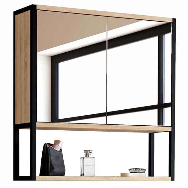 ID MARKET - Meuble de rangement suspendu avec miroir pour salle de bain DETROIT design industriel - large