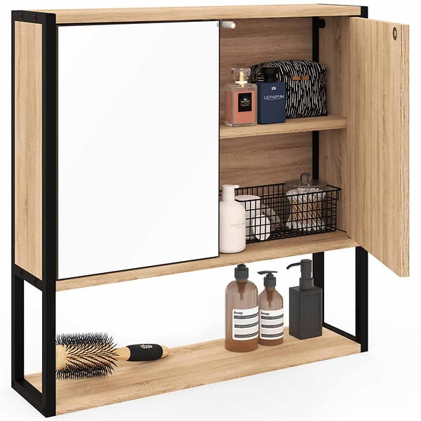 ID MARKET - Meuble de rangement suspendu avec miroir pour salle de bain DETROIT design industriel - large