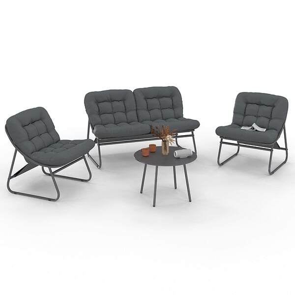 ID MARKET - Salon de jardin bas ARONA 4 places en acier gris anthracite et coussins gris avec canapé, fauteuils et table - large