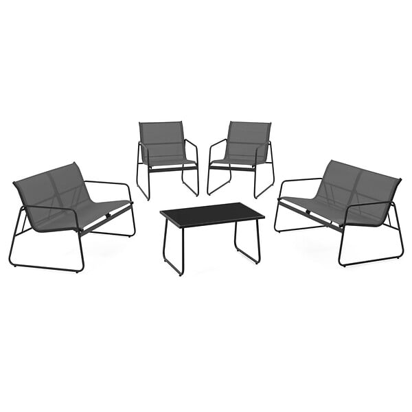 ID MARKET - Salon de jardin bas MALAGA 6 places avec 2 canapés, fauteuils et table gris anthracite - large