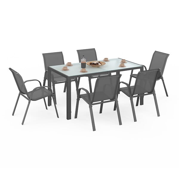 ID MARKET - Salon de jardin MADRID table 150 CM et 6 chaises empilables gris anthracite plateau clair - large