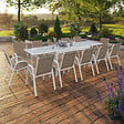 ID MARKET - Salon de jardin MADRID table extensible 135-270 CM et 12 chaises empilables blanc et beige - vignette