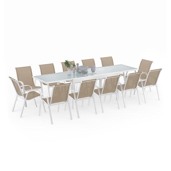 ID MARKET - Salon de jardin MADRID table extensible 135-270 CM et 12 chaises empilables blanc et beige - large