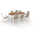 ID MARKET - Salon de jardin NOUMEA table 190 cm plateau verre trempé effet bois et 8 chaises empilables blanc et bois - vignette