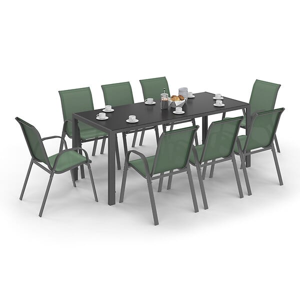 ID MARKET - Salon de jardin MADRID table 190 cm et 8 chaises empilables vert olive - large