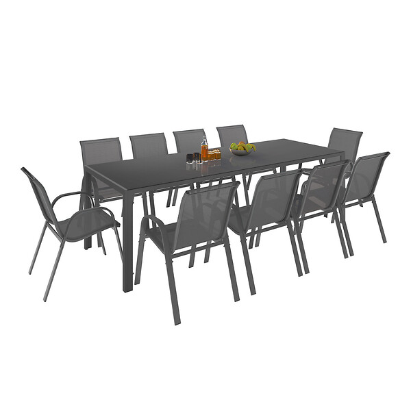 ID MARKET - Salon de jardin MADRID table 240 CM et 10 chaises empilables gris anthracite - large