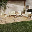ID MARKET - Salon de jardin bas RIO 6 places structure métal blanc et cordage effet rotin avec coussins beige - vignette