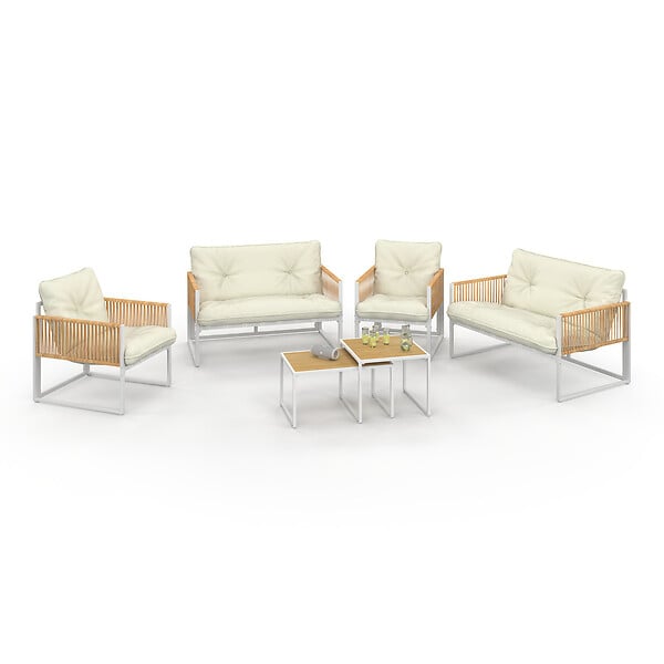 ID MARKET - Salon de jardin bas RIO 6 places structure métal blanc et cordage effet rotin avec coussins beige - large