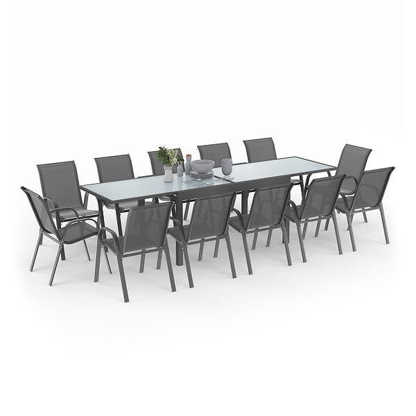 ID MARKET - Salon de jardin MADRID table extensible 135-270 CM et 12 chaises empilables gris anthracite - large