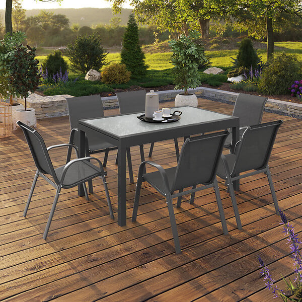 ID MARKET - Salon de jardin MADRID table extensible 135-270 CM et 12 chaises empilables gris anthracite - large