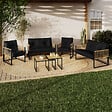 ID MARKET - Salon de jardin bas RIO 6 places structure métal noir, cordage effet rotin clair et coussins noirs - vignette