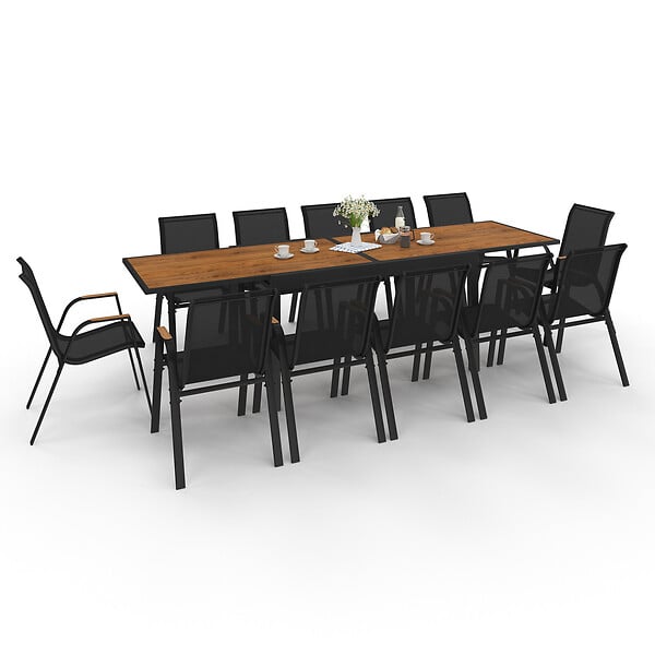 ID MARKET - Salon de jardin NOUMEA table extensible 135/270 CM plateau verre trempé effet bois et 12 chaises empilables noir et bois - large