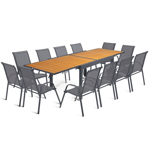 ID MARKET - Salon de jardin POLY table extensible 135-270 CM et 12 chaises bois et gris foncé - large