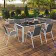 ID MARKET - Salon de jardin MADRID table 150 CM et 6 chaises empilables blanc et gris - vignette