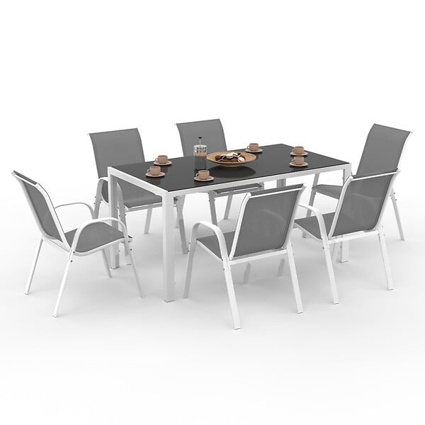 ID MARKET - Salon de jardin MADRID table 150 CM et 6 chaises empilables blanc et gris - large