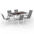 ID MARKET - Salon de jardin MADRID table 150 CM et 6 chaises empilables blanc et gris - vignette