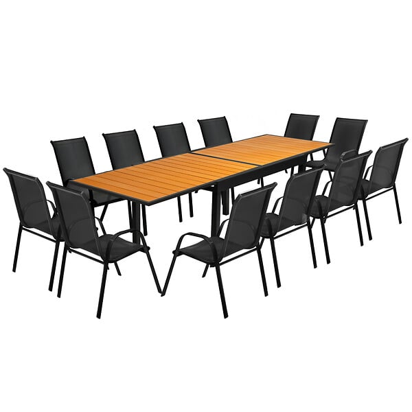 ID MARKET - Salon de jardin POLY table extensible 135-270 CM et 12 chaises bois et noir - large