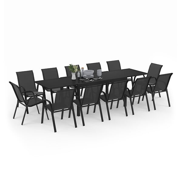 ID MARKET - Salon de jardin MADRID table extensible 135-270 CM et 12 chaises empilables noir - large