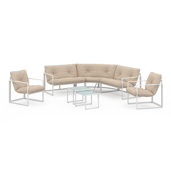 ID MARKET - Salon de jardin bas NAIROBI 8 places salon d'angle en acier blanc et coussins beiges - large