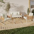 ID MARKET - Salon de jardin bas RIO 4 places structure métal blanc, cordage effet rotin clair et coussins beiges - vignette