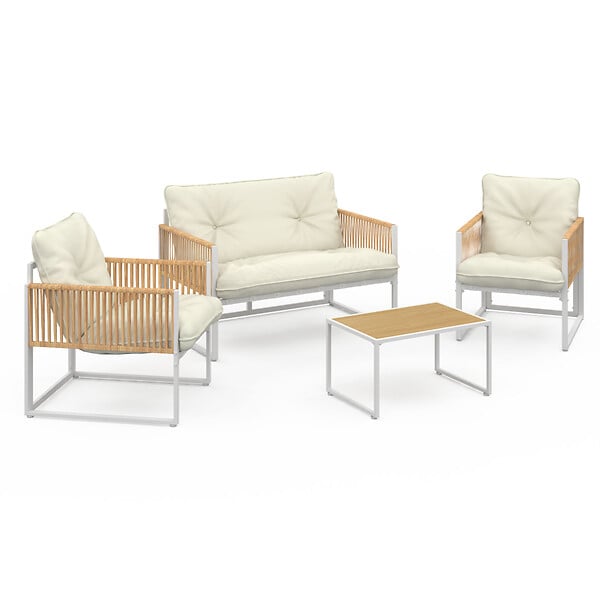 ID MARKET - Salon de jardin bas RIO 4 places structure métal blanc, cordage effet rotin clair et coussins beiges - large