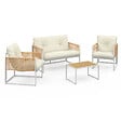 ID MARKET - Salon de jardin bas RIO 4 places structure métal blanc, cordage effet rotin clair et coussins beiges - vignette
