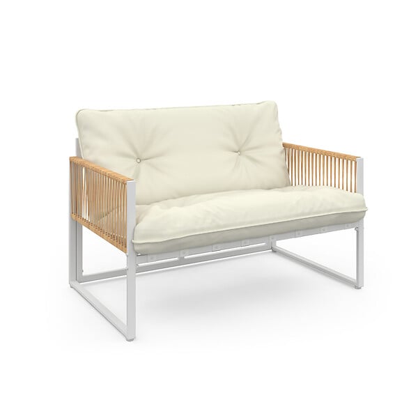 ID MARKET - Salon de jardin bas RIO 4 places structure métal blanc, cordage effet rotin clair et coussins beiges - large