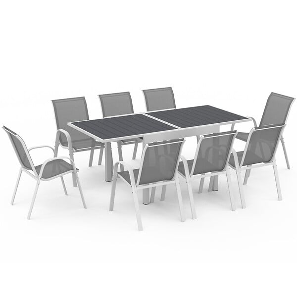 ID MARKET - Salon de jardin POLY table extensible 90-180 CM et 8 chaises blanc et gris - large