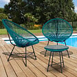 ID MARKET - Salon de jardin IZMIR table et 2 fauteuils oeuf cordage bleu canard - vignette