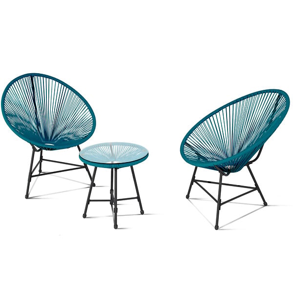 ID MARKET - Salon de jardin IZMIR table et 2 fauteuils oeuf cordage bleu canard - large