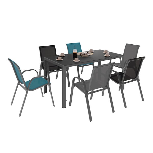 ID MARKET - Salon de jardin MADRID table 150 CM et 6 chaises empilables mix color gris, noir et bleu - large