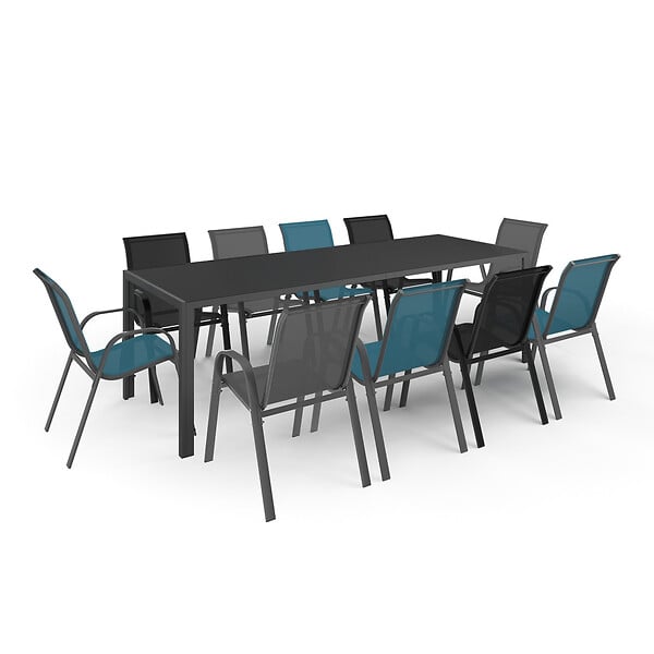 ID MARKET - Salon de jardin MADRID table 240 CM et 10 chaises empilables mix color bleu, gris et noir - large