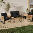 ID MARKET - Salon de jardin bas RIO 4 places structure métal noir, cordage effet rotin clair et coussins noirs - vignette