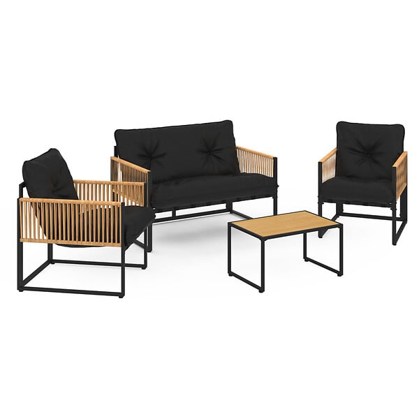 ID MARKET - Salon de jardin bas RIO 4 places structure métal noir, cordage effet rotin clair et coussins noirs - large