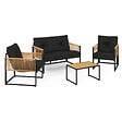 ID MARKET - Salon de jardin bas RIO 4 places structure métal noir, cordage effet rotin clair et coussins noirs - vignette